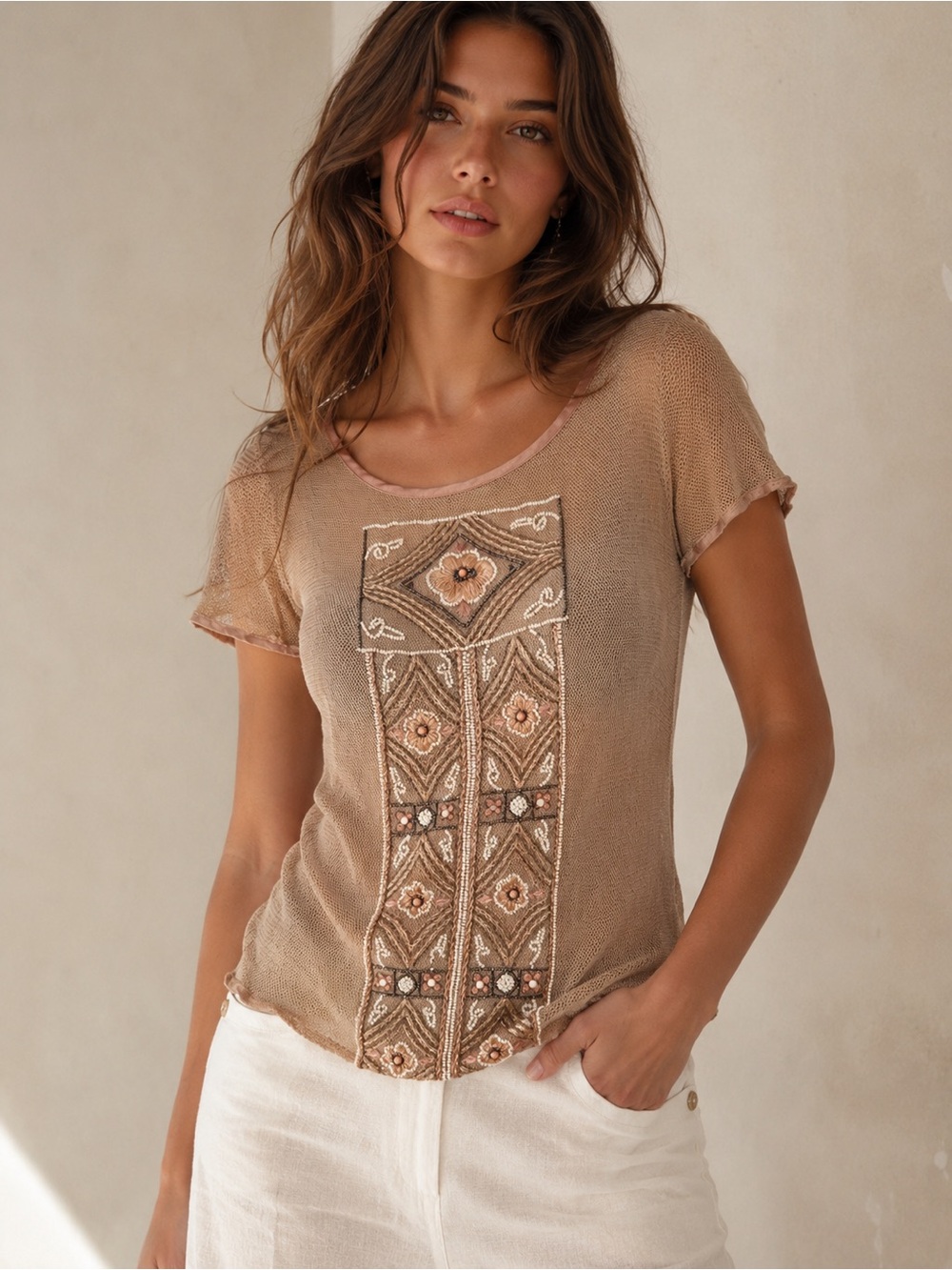 BLUMARINE Beaded Embroidered and beaded Mesh Knit Top Taupe Floral IT 42 U.S. 6
